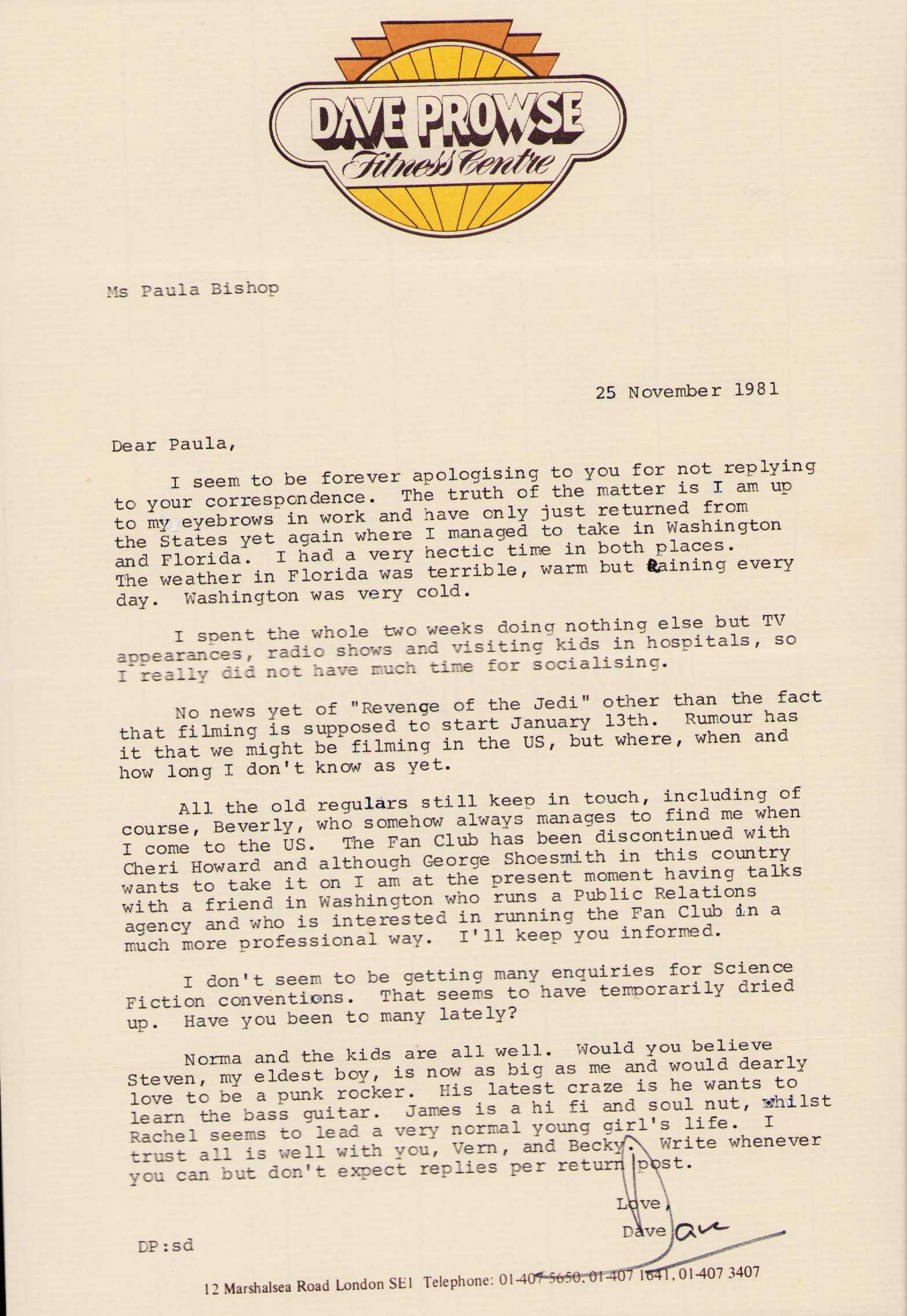 Dave Prowse rare Darth Vader signed letter (1 of 1)
