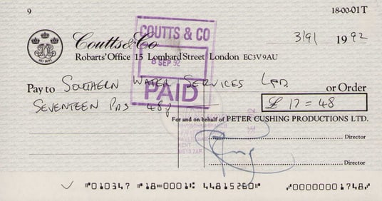 Peter Cushing rare bank check