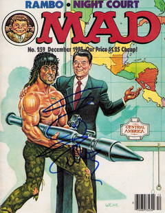 Sylvester Stallone signed MAD magazine: Complete issue spoofing Rambo signed by Stallone on the cover Certificate of AuthenticityEVERY item in this auction comes with at minimum a full illustrated serial numbered COA signed by the worlds le