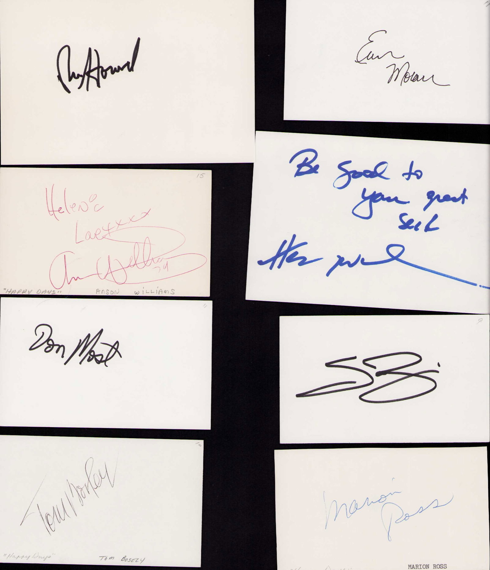 Happy Days cast set of signatures: Everyone ! Erin Moran Tom Bosley both deceased Ron Howard Henry Winkler Donny Most Anson Williams and Scott Baio Certificate of AuthenticityEVERY item in this auction comes with at minimum a full illu