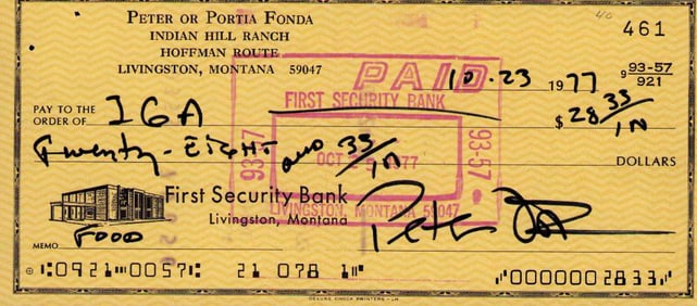Peter Fonda signed bank check