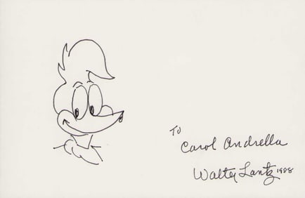 Walter Lantz signed card with Woody Woodpecker sketch