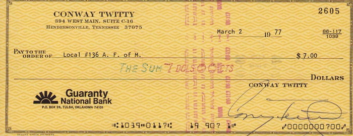 Conway Twitty signed bank check