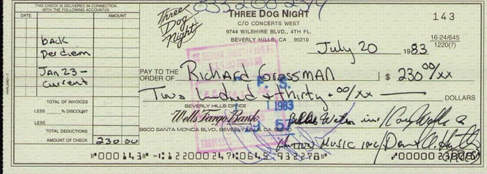 3 Dog Night signed bank check