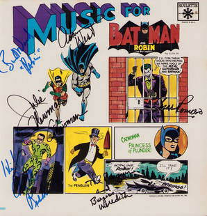 Batman music Lp cast signed: A rare soundtrack of Batman TV music signed by Adam West Burt Ward Burgess Meredith Julie Newmar Frank Gorshin and Cesar Romero ! One of a kind ! Certificate of AuthenticityEVERY item in this auction