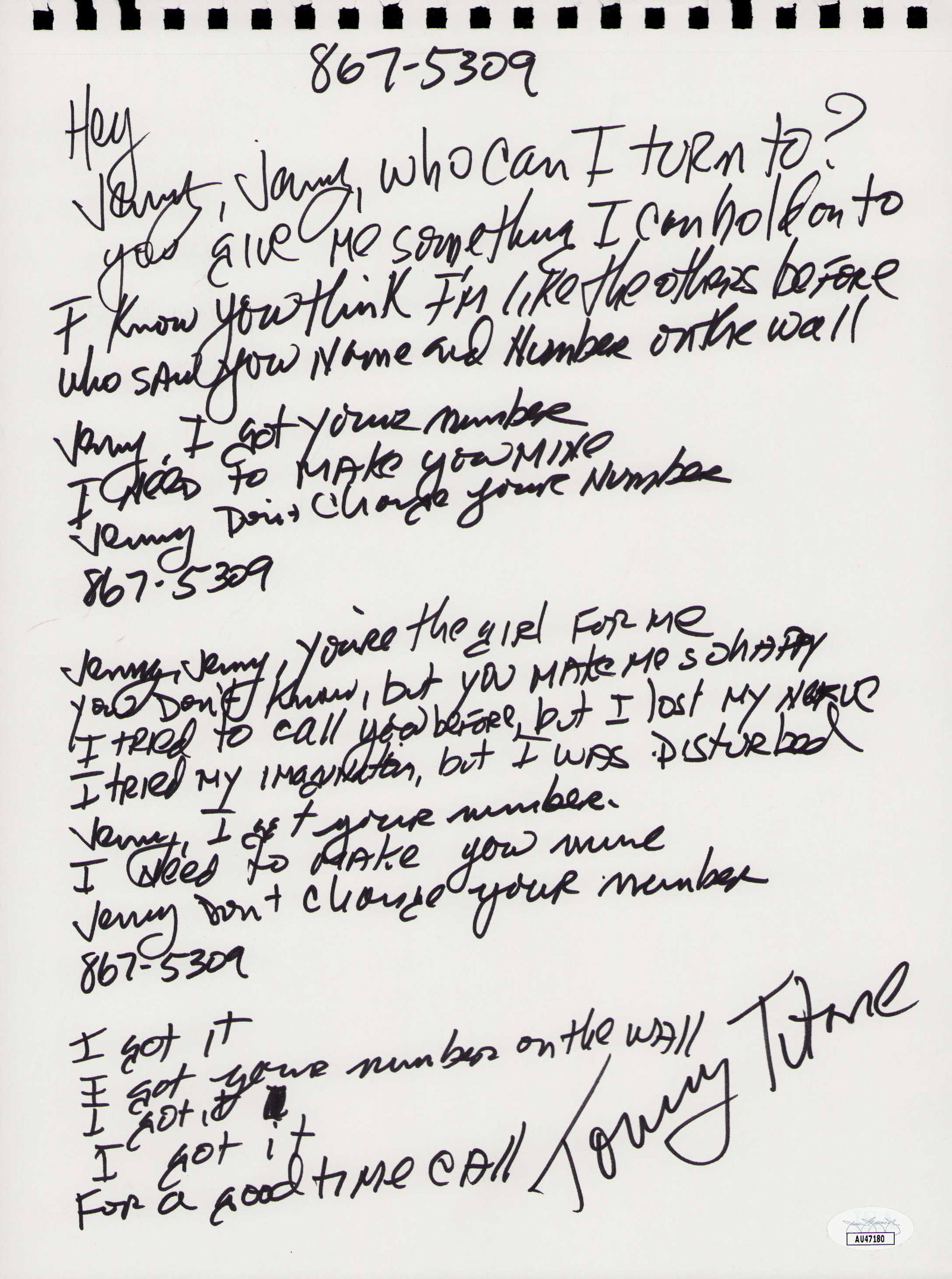 867-5309 Jenny handwritten lyrics Tommy Tutone (1 of 1)