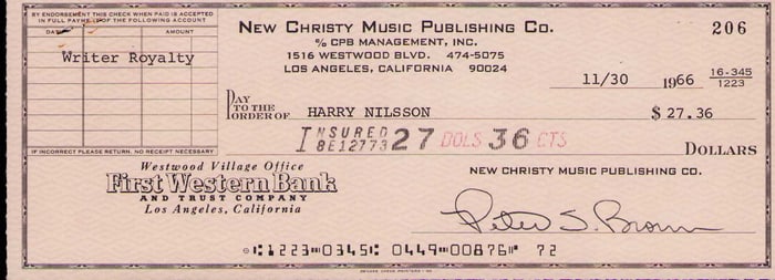 Harry Nilsson rare endorsed paycheck