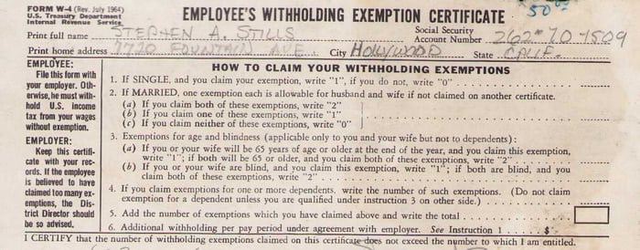 Stephen Stills signed tax witholding form