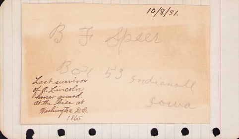 B F Speer Last Lincoln Honor Guard signature