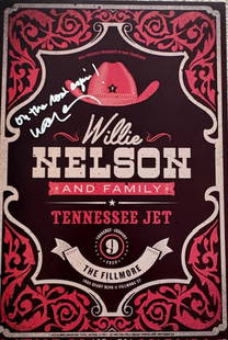 Willie Nelson concert poster signed with lyric: An 11x17 original Nelson concert poster he has signed AND added the song title On The Road Again ! Rare Certificate of AuthenticityEVERY item in this auction comes with at minimum a full illustrated