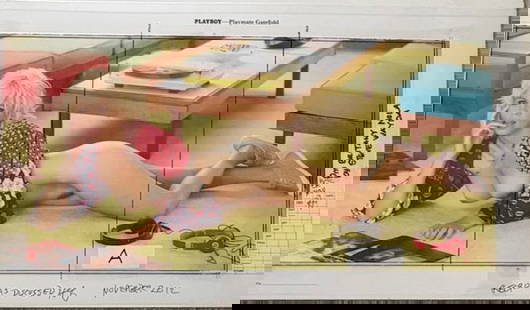 Brittany Nola Hugh Hefner signed original Playboy layout: RARE from Playboys own files a mock up centerfold 25x15 on board with overlays of model britany Nola approved by Hefner initialled by him Steven Wayda photographer PLUS Hefner has added notes in his