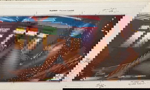 Jaslyn Ome Hugh Hefner signed original Playboy layout: RARE from Playboys own files a mock up centerfold 25x15 on board with overlays of model Jasyln Ome approved by Hefner initialled by him Steven Wayda photographer ONE of a kind Certificate of