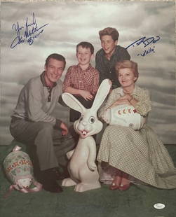 Leave it to Beaver cast signed 16x20 photograph: A rare and large 16x20 photograph signed by then child stars Beaver Jerry Mathers and Wally his brother played by now deceased star Tony Dow with JSA sticker Certificate of AuthenticityEVERY item in