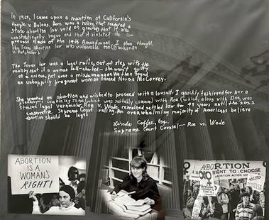Linda Coffee Roe v Wade signed photograph: Linda Coffee was the Supreme Court Assistant who worked with the Justices crafting the abortion bill Roe vs Wade this is a VERY limited 16x20 of her and events at the time with her handwritten