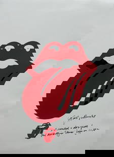 John Pache designer of famed Rolling Stones logo art signed: A large 16x20 signed by the designer of the Stones famed lips logo in 1970 which he has also written on the piece RARE and historic Certificate of AuthenticityEVERY item in this auction comes with at