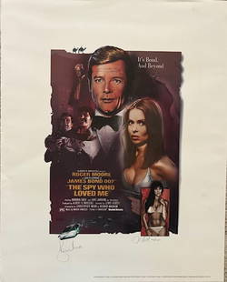 Roger Moore and artist signed James Bond print: A large print on litho paper heavyweight signed by Roger Moore and the artist numbered from the early James Bond film Certificate of AuthenticityEVERY item in this auction comes with at minimum a full