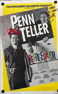 Penn and Teller early signed concert poster: At 11x17 this original early concert poster from the Refrigerator Tour is signed by both magicians Certificate of AuthenticityEVERY item in this auction comes with at minimum a full illustrated serial