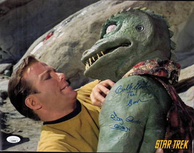 Star Trek GORNS signed photograph: A classic shot from original Star Trek series with the Gorn fighting Kirk signed by Gary Combs AND Bobby Clarke BOTH men who wore the suit in the scenes JSA stickered too Certificate of AuthenticityEV