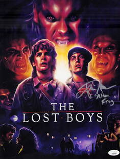 Lost Boys signed poster: An 11x17 Lost Boys poster signed by Jamison Newlander who added his chararacters name too JSA stickered Certificate of AuthenticityEVERY item in this auction comes with at minimum a full illustrated s