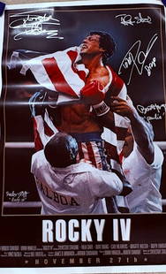 Rocky IV poster cast signed: Signed under private agreement this Rocky IV poster by Sylvester Stallone Talie Shire Burt Young Dolph Lundgren and one more some with characters name with COA from signing Certificate of Authenticity