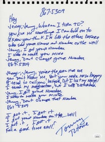 Tommy Tutone signed handwritten lyrics
