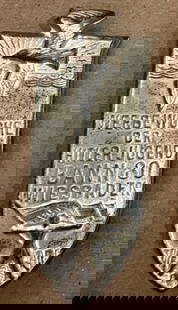 German Nazi pin: A rare Werbe-Woche der Hitler Jugend pin Weisbaden Bann 80 with sun wave pattern swastika flying bird youth with arms outstretched silver with pin back