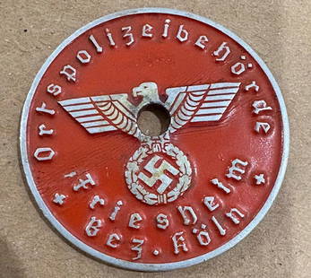 German Nazi pin: Ortspolizebenhorde red painted tin badge no pin back rare German Police
