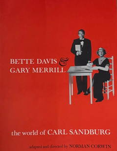 The World of Carl Sandburg signed program Bette Davis: Inside signed on images of stars Bette Davis a lovely large 9x12 image and Gary Merrill next to his image incredible Davis piece Certificate of AuthenticityEVERY item in this auction comes with at min