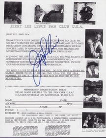 Jerry Lee Lewis signed fan club form
