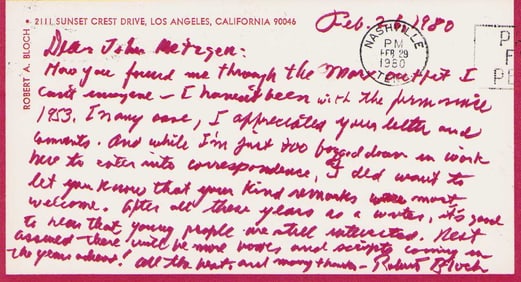 Robert Bloch rare signed handwritten letter