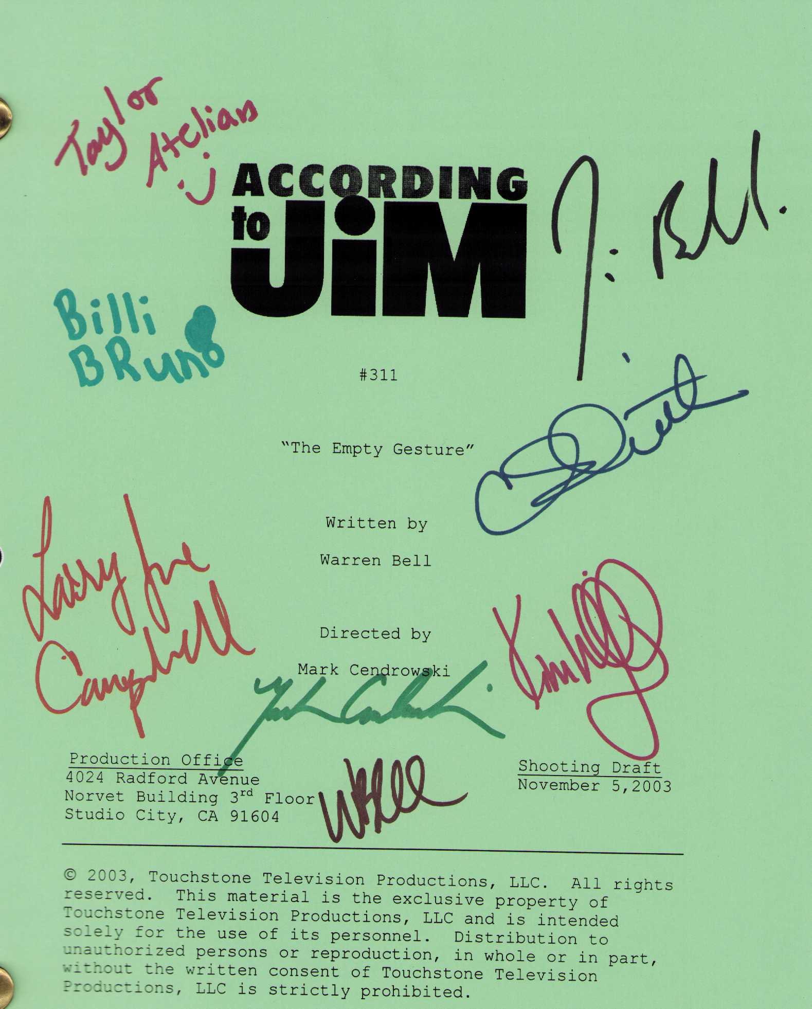 According to Jim Original script cast signed (1 of 1)