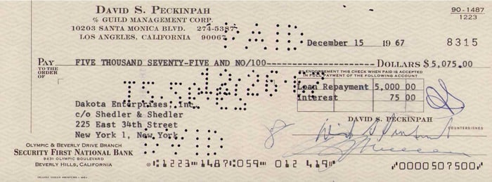 Sam Peckinpah check signed RARE Director