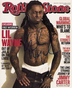 Lil Wayne signed Rolling Stone magazine: A complete Rolling Stone magazine signed on cover by singer Lil Wayne Certificate of AuthenticityEVERY item in this auction comes with at minimum a full illustrated serial numbered COA signed by the w