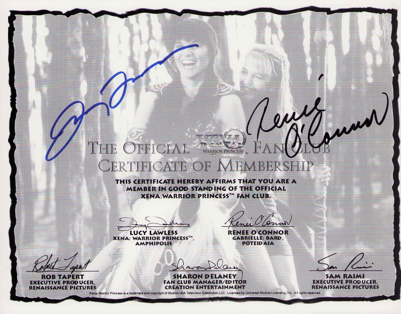 Lucy Lawless and Rene O'Connor signed Fan Club certificate (1 of 1)