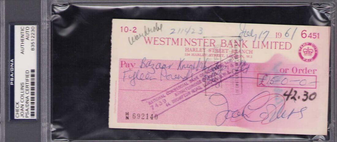 Joan Collins slabbed bank check signed (1 of 1)