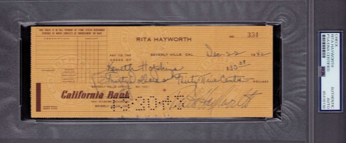 Rita Hayworth slabbed bank check signed