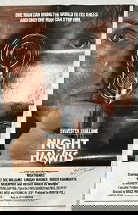 Nighthawks movie poster cast signed: An original Nighthawks poster 27x41 signed by stars Persis Khambatta the rare Star Trek actress who died young and by star Billy Dee Williams of Star Wars fame with normal wear on poster very displaya