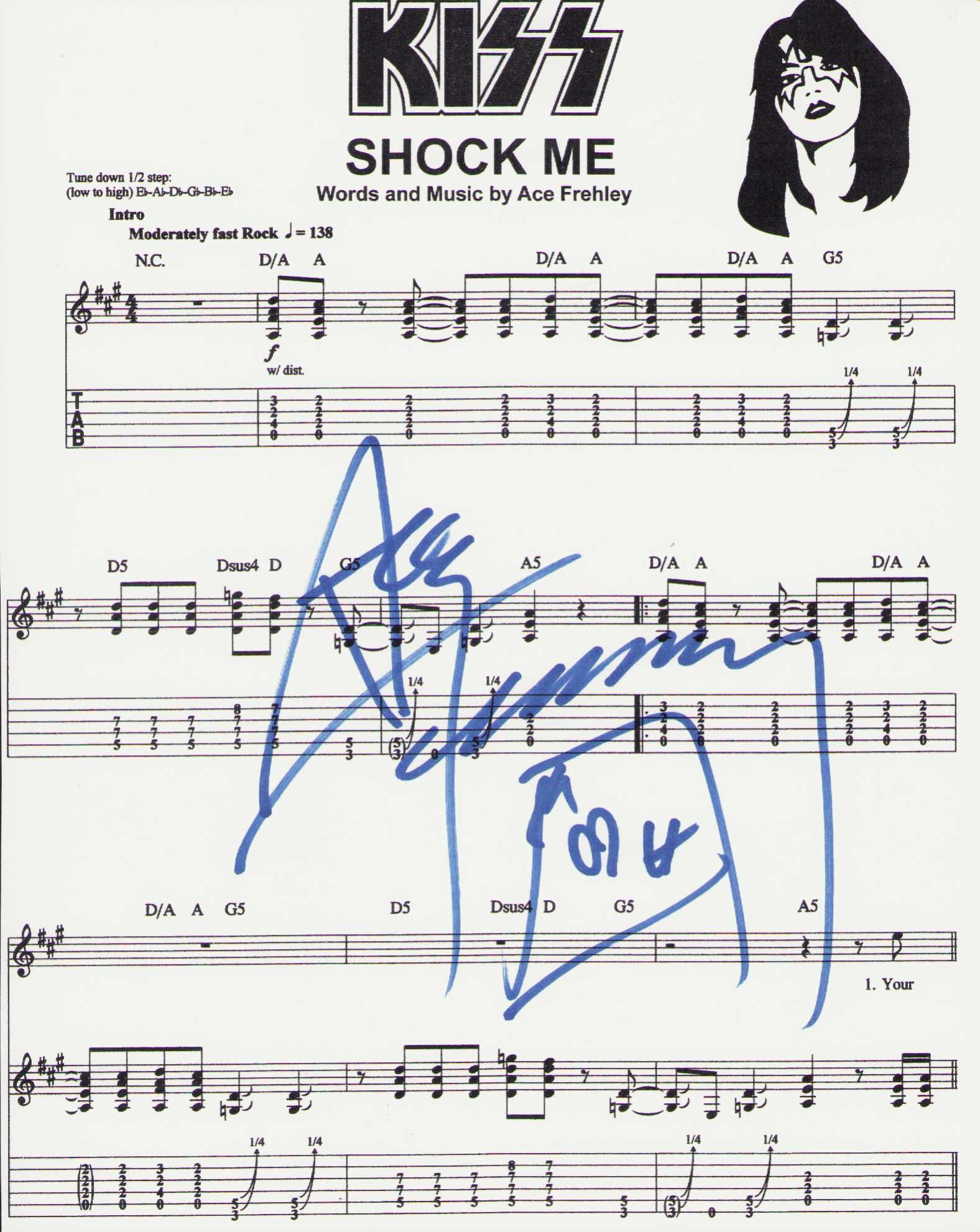 Ace Frehley signed song sheet: A signed 8x10 of the music for the KISS song Shock Me Certificate of AuthenticityEVERY item in this auction comes with at minimum a full illustrated serial numbered COA signed by the worlds leading au
