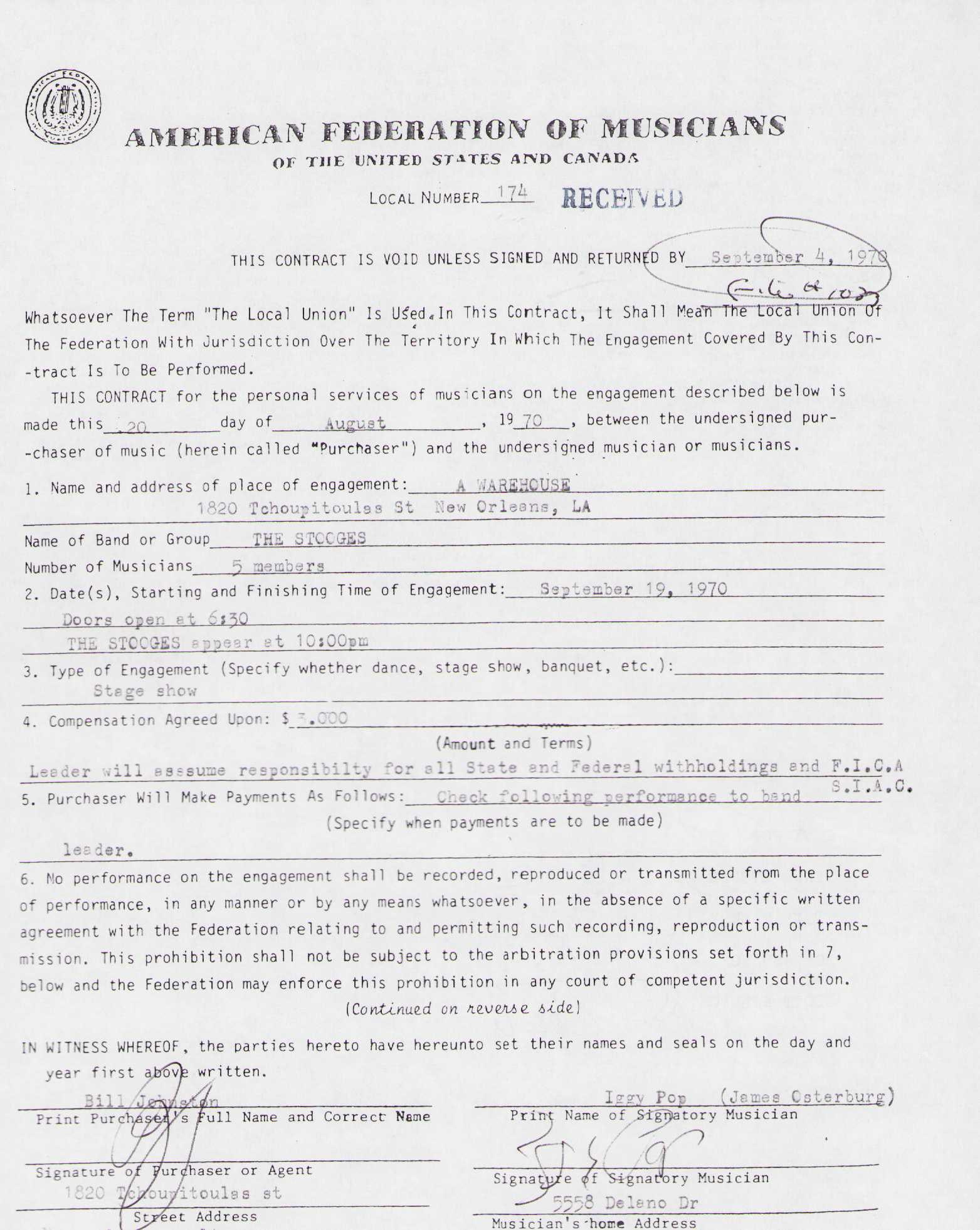 The Stooges signed contract: A contract signed by Iggy Pop and his band members the Stooges Certificate of AuthenticityEVERY item in this auction comes with at minimum a full illustrated serial numbered COA signed by the worlds l