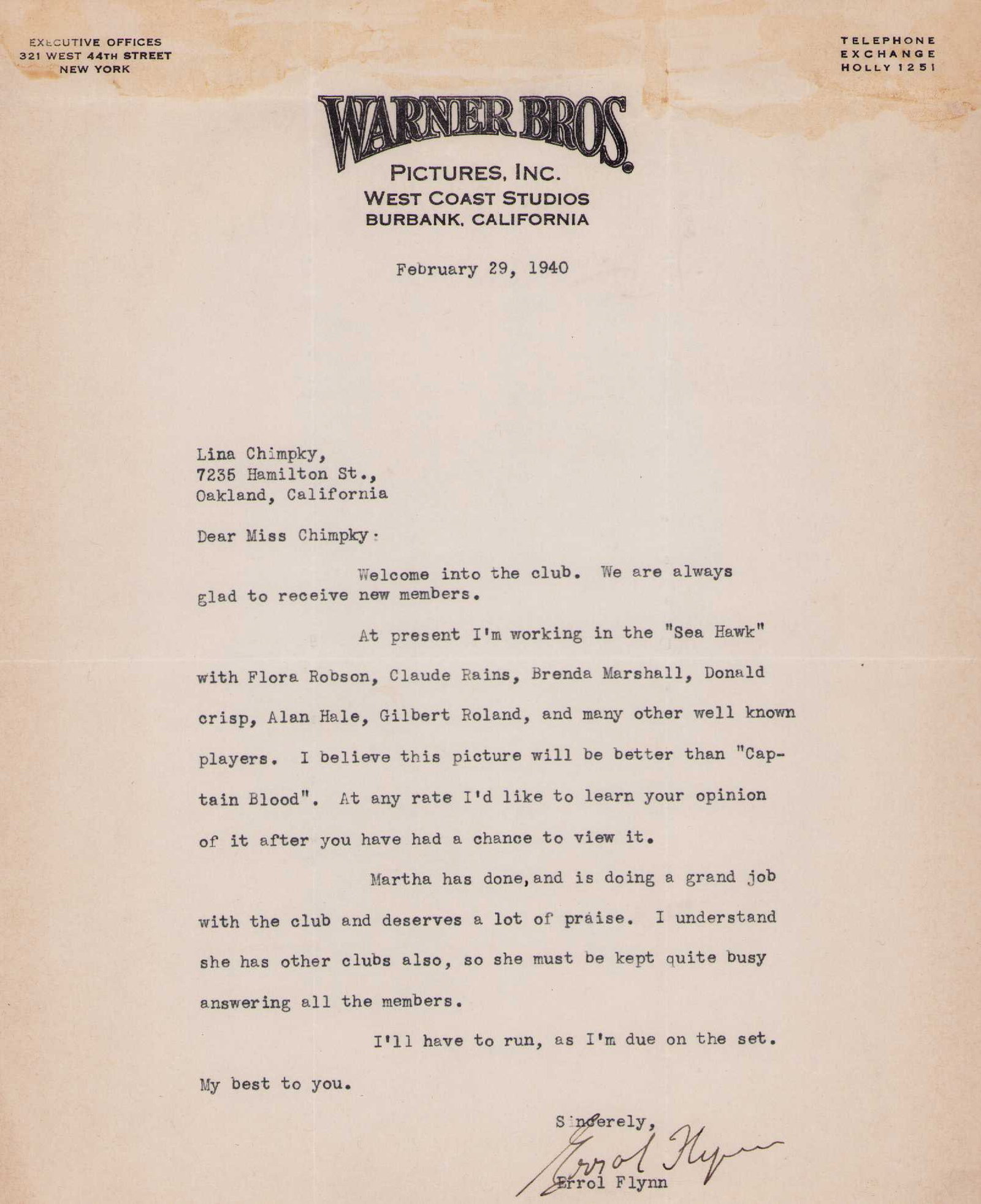 Errol Flynn signed letter: A signed typed letter with nice content on Warner Brothers stationary Certificate of AuthenticityEVERY item in this auction comes with at minimum a full illustrated serial numbered COA signed by the w