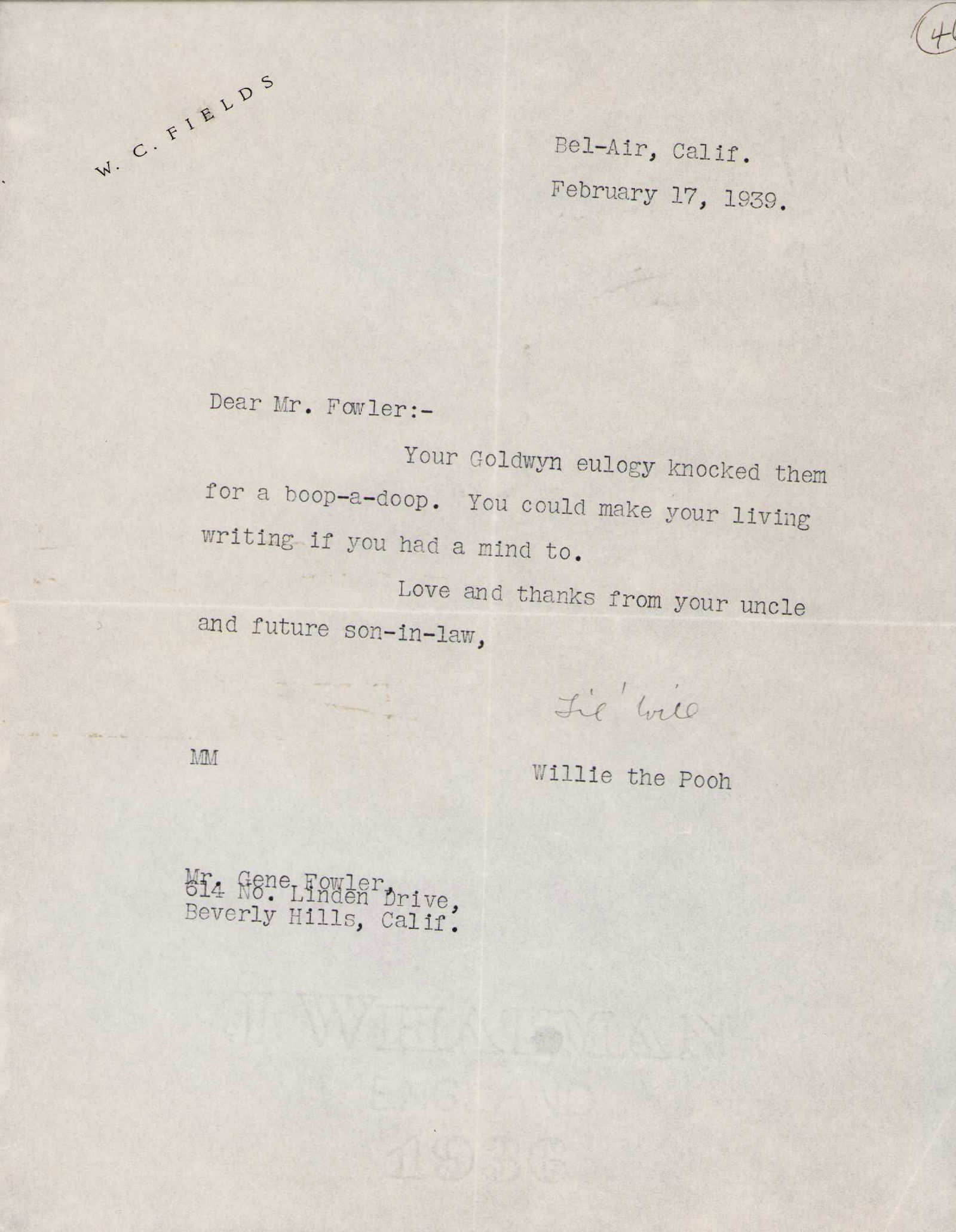 W.C. Fields letter signed to journalist (1 of 1)