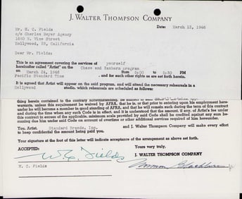 WC Fields contract with J Walter Thompson