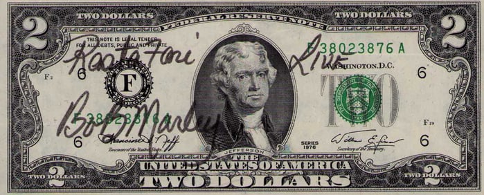 Bob Marley signed 2 dollar bill