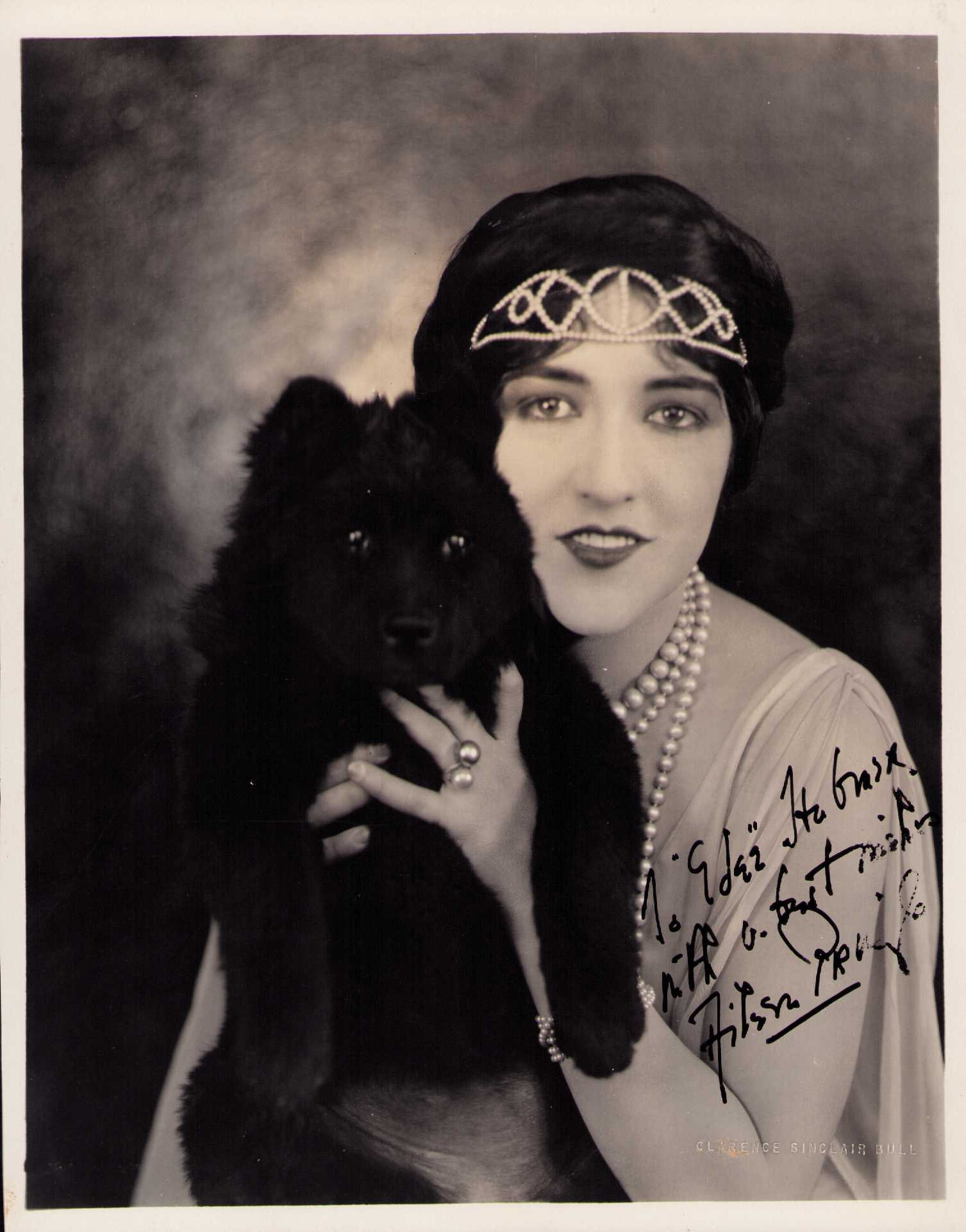 Aileen Pringle B photograph: THIS Pringle photo is a STUNNING Clarence Sinclair Bull photo shot of her holding her Chow as a puppy a photo she commissioned herself to Edie Hubner with my besy wishes Aileen Pringle BULLS embossed