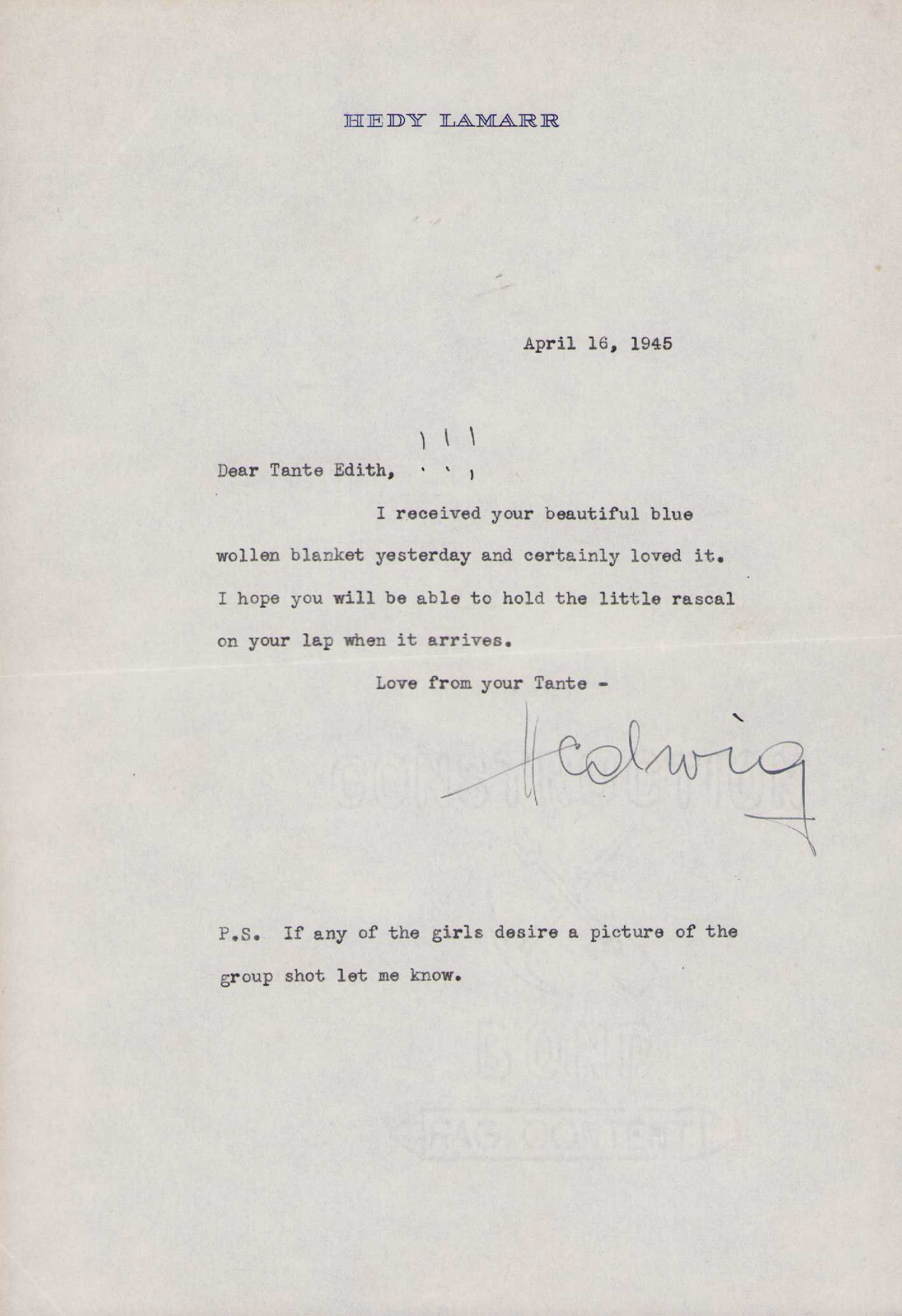 Hedy Lamar RARE early letter Hedwig !!! (1 of 1)