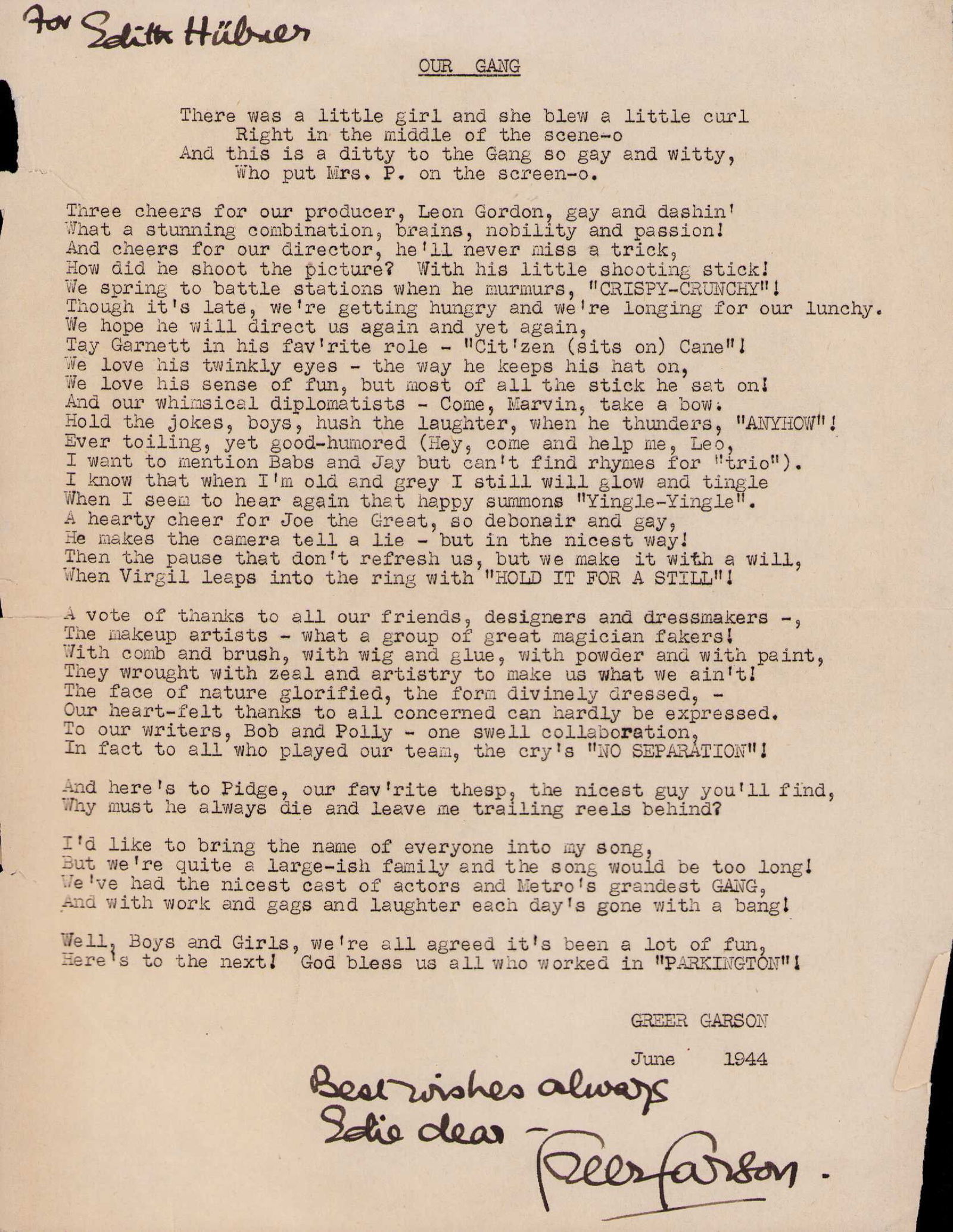 Greer Garson rare letter (1 of 1)