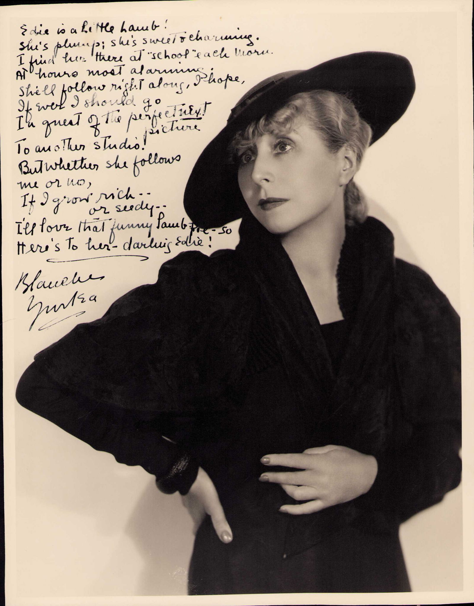 Blanche Yurka signed 11x14 photograph: An incredible shot with almost a letter written on it ! She wrote Edie an entire poem ! Clarence Sinclair Bull back stamped she became a film star late at age 47 in A Tale of Two Cities she also is a