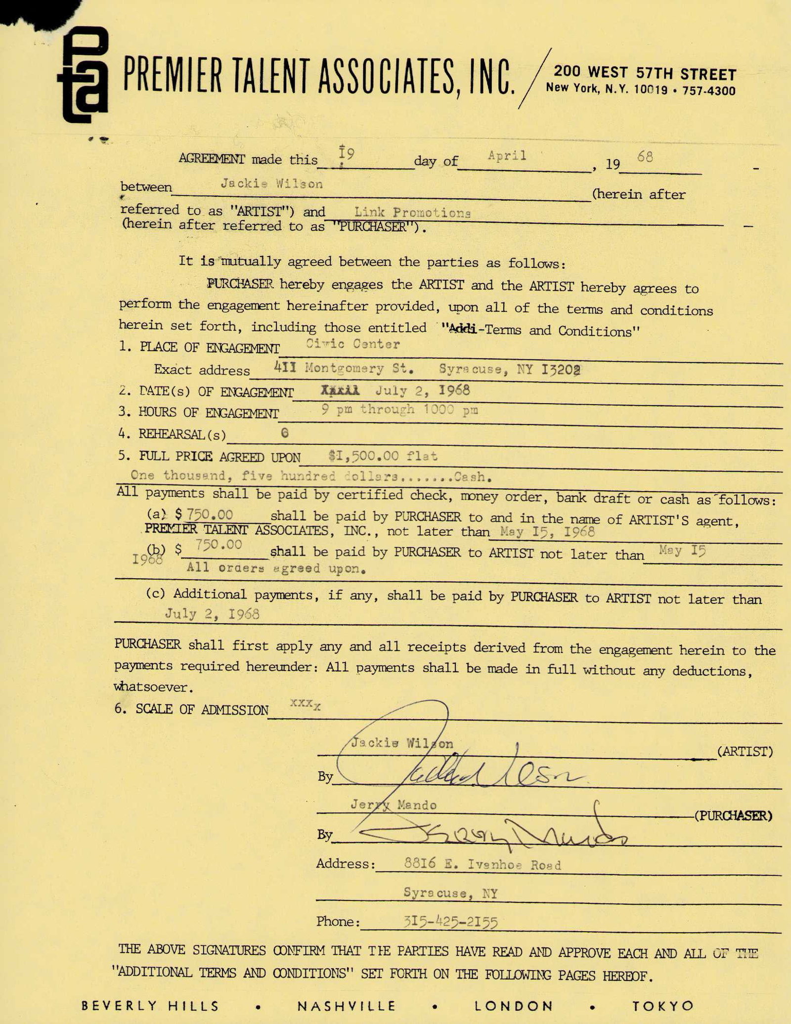 Jackie Wilson signed contract (1 of 1)
