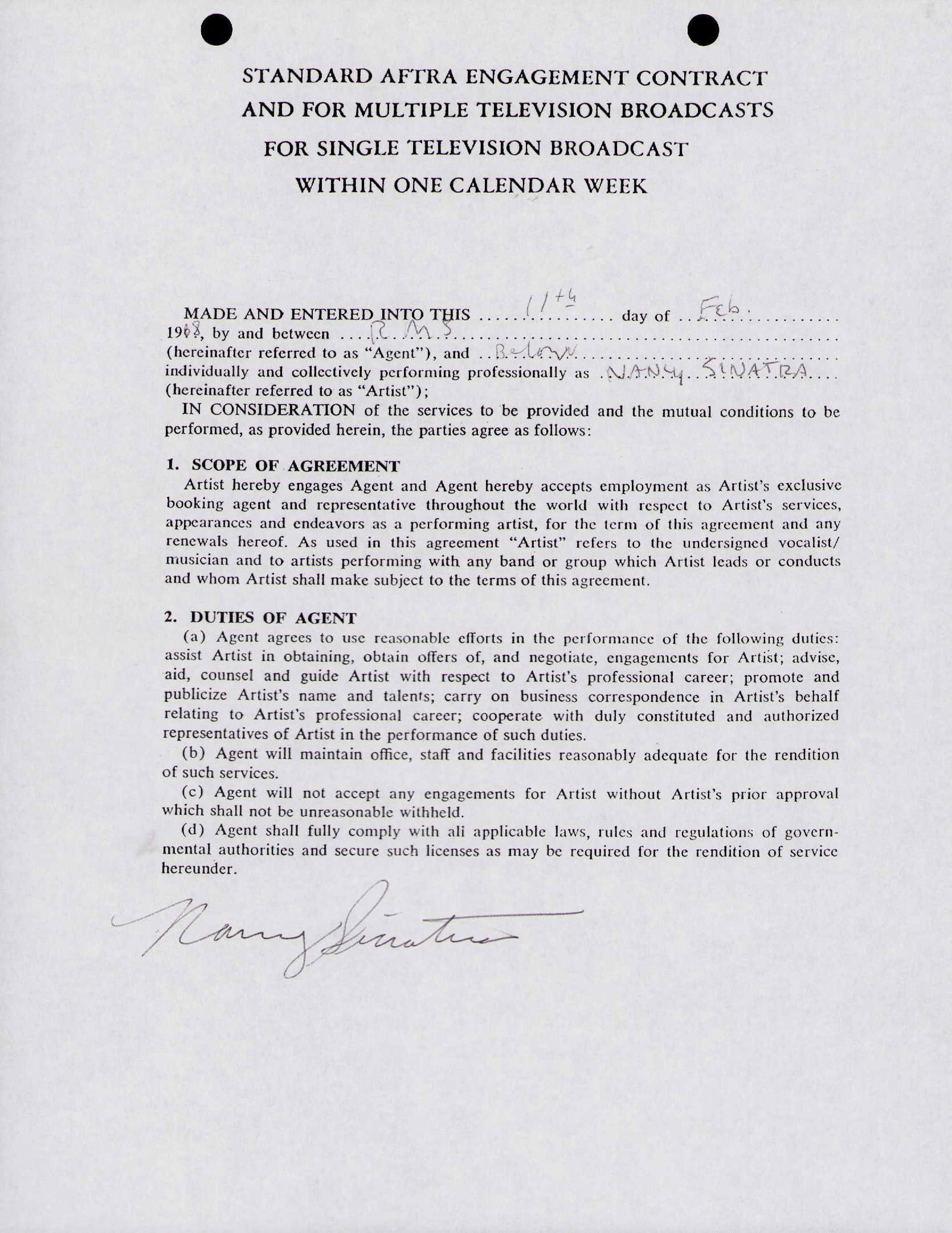 Nancy Sinatra signed contract (1 of 1)