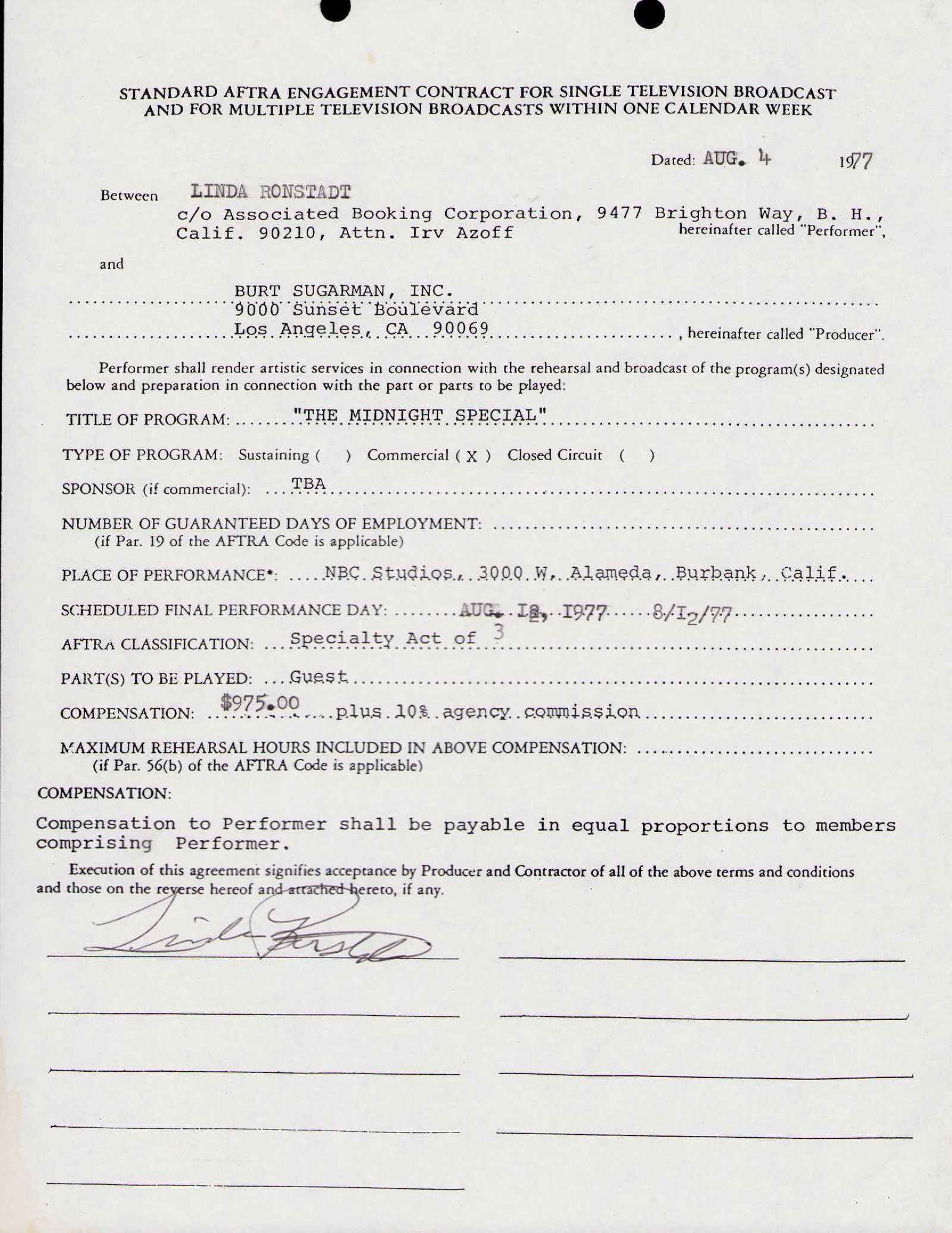 Linda Ronstadt signed contract (1 of 1)